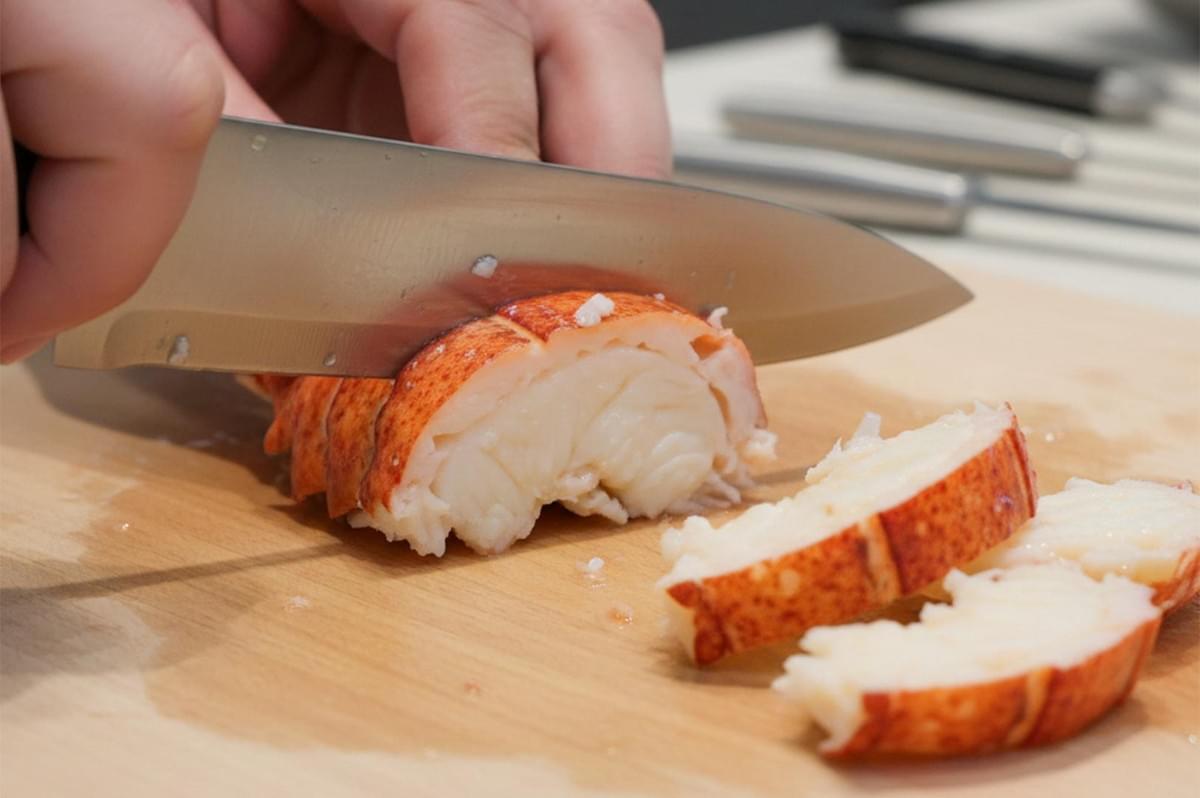 A chef using a sharp kitchen knife to slice a perfectly cooked, tender lobster tail into medallions on a wooden cutting board. A chef using a sharp kitchen knife to slice a perfectly cooked, tender lobster tail into medallions on a wooden cutting board.