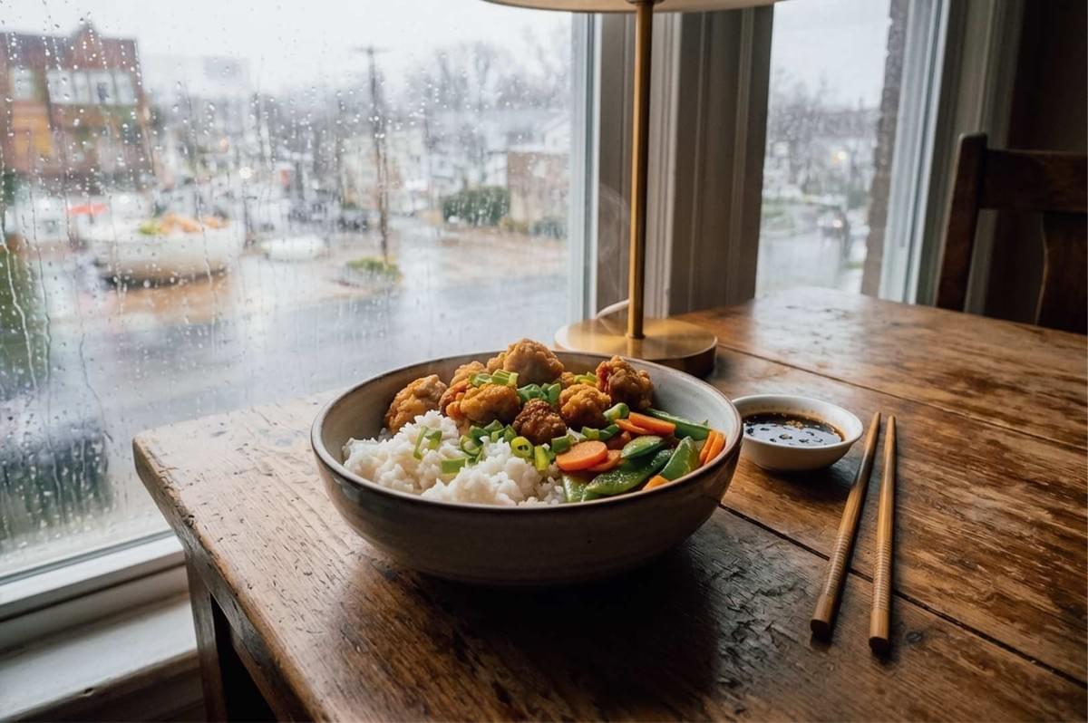 A bowl of steaming white rice topped with crispy fried chicken pieces, sliced carrots, green peas, and chopped spring onions, set on a rustic wooden table alongside a small dipping dish and wooden chopsticks, positioned next to a window on a rainy day. A bowl of steaming white rice topped with crispy fried chicken pieces, sliced carrots, green peas, and chopped spring onions, set on a rustic wooden table alongside a small dipping dish and wooden chopsticks, positioned next to a window on a rainy day.