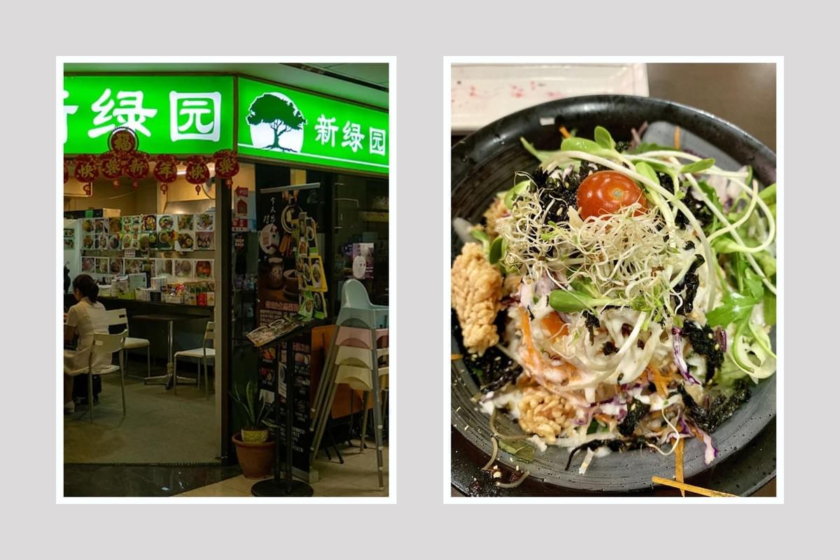 A side-by-side image showing the entrance of a restaurant with a bright green sign on the left. On the right, a close-up showcases a vibrant salad bowl filled with fresh greens, sprouts, a cherry tomato, and crispy toppings drizzled with a creamy dressing. A side-by-side image showing the entrance of a restaurant with a bright green sign on the left. On the right, a close-up showcases a vibrant salad bowl filled with fresh greens, sprouts, a cherry tomato, and crispy toppings drizzled with a creamy dressing.