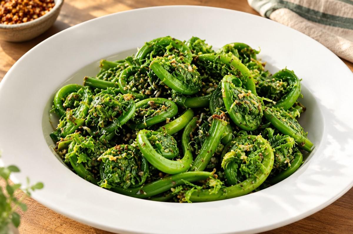 Close-up of cooked, vibrant green fiddlehead ferns seasoned with herbs in a bowl. Close-up of cooked, vibrant green fiddlehead ferns seasoned with herbs in a bowl.