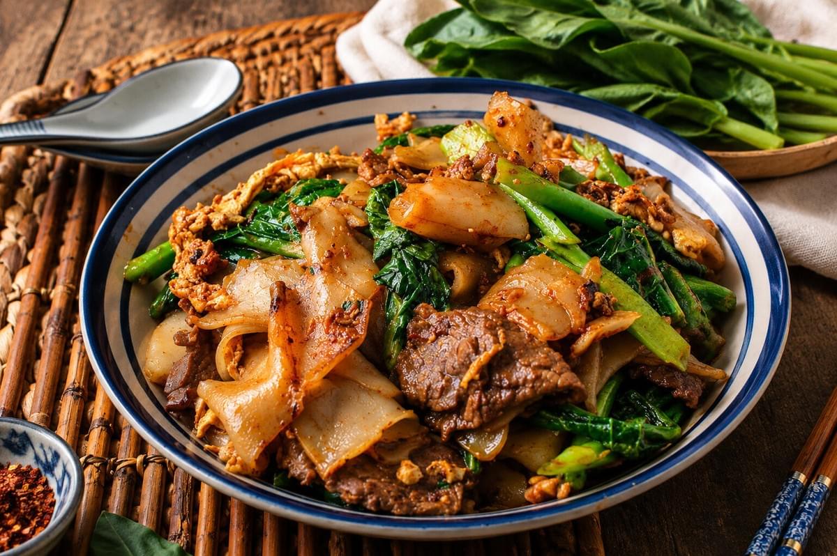 Close-up of a bowl filled with stir-fried flat rice noodles, sliced beef, scrambled egg, and Chinese broccoli. Close-up of a bowl filled with stir-fried flat rice noodles, sliced beef, scrambled egg, and Chinese broccoli.