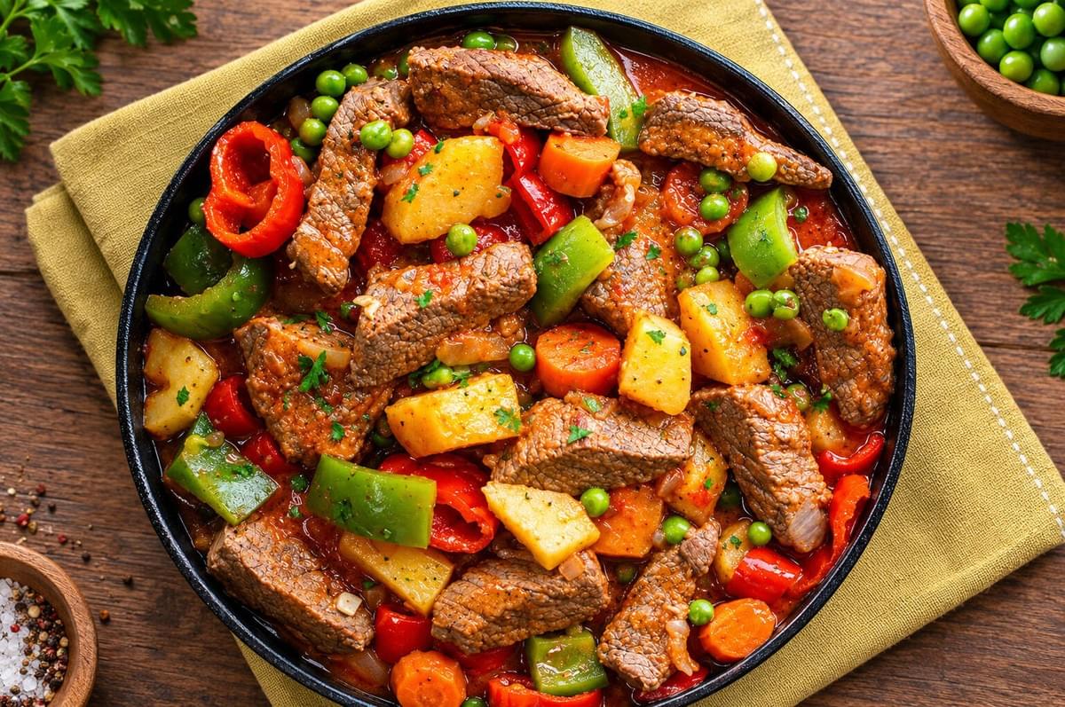 Top-down close-up view of a pan filled with beef kaldereta featuring beef chunks, carrots, potatoes, peas, and peppers. Top-down close-up view of a pan filled with beef kaldereta featuring beef chunks, carrots, potatoes, peas, and peppers.