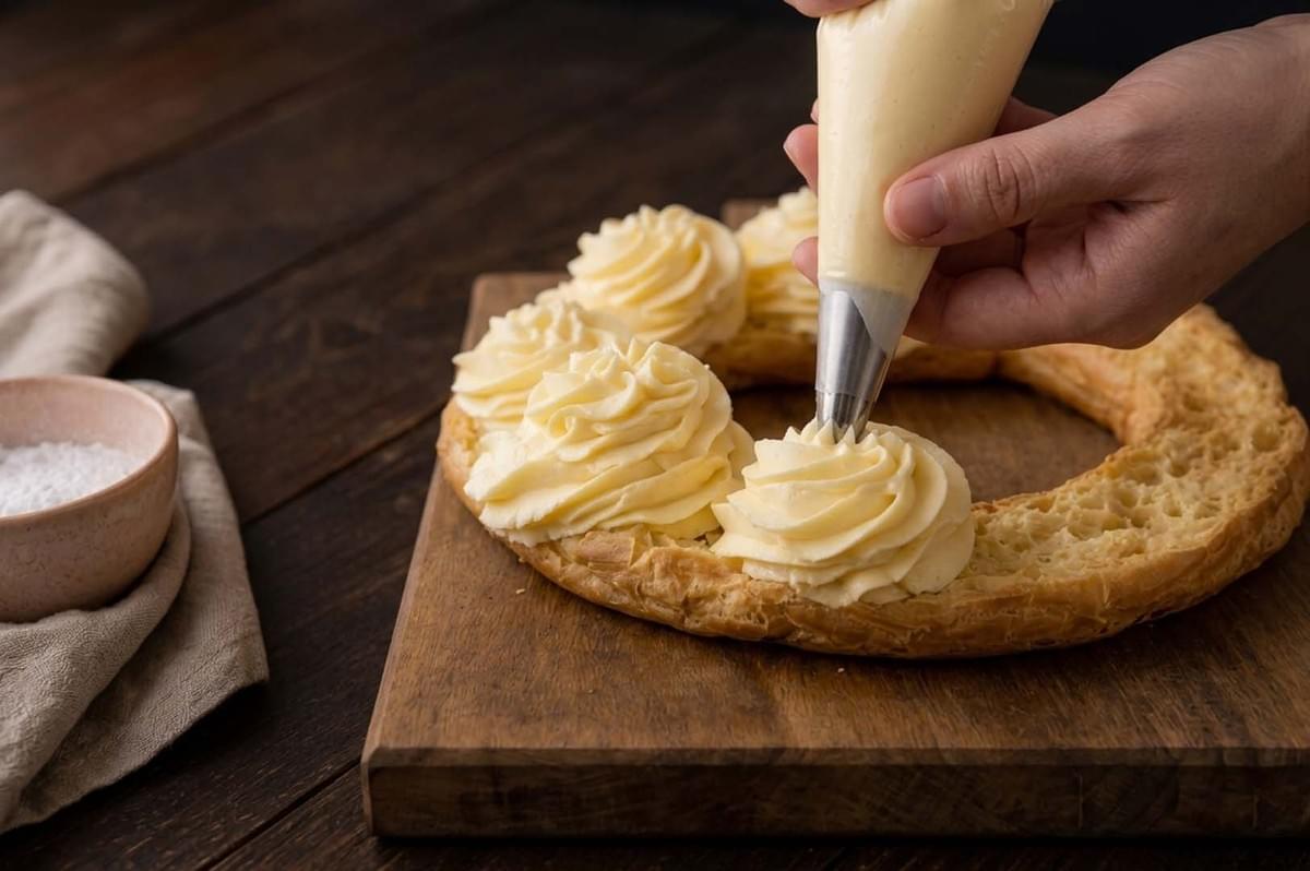 Hand piping praline cream in rosettes onto a sliced choux pastry ring on a wooden board Hand piping praline cream in rosettes onto a sliced choux pastry ring on a wooden board