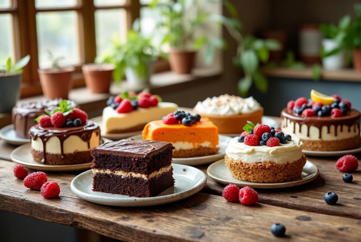 Assorted mini cakes, cheesecakes, and tarts topped with fresh berries arranged on a rustic wooden table. Assorted mini cakes, cheesecakes, and tarts topped with fresh berries arranged on a rustic wooden table.
