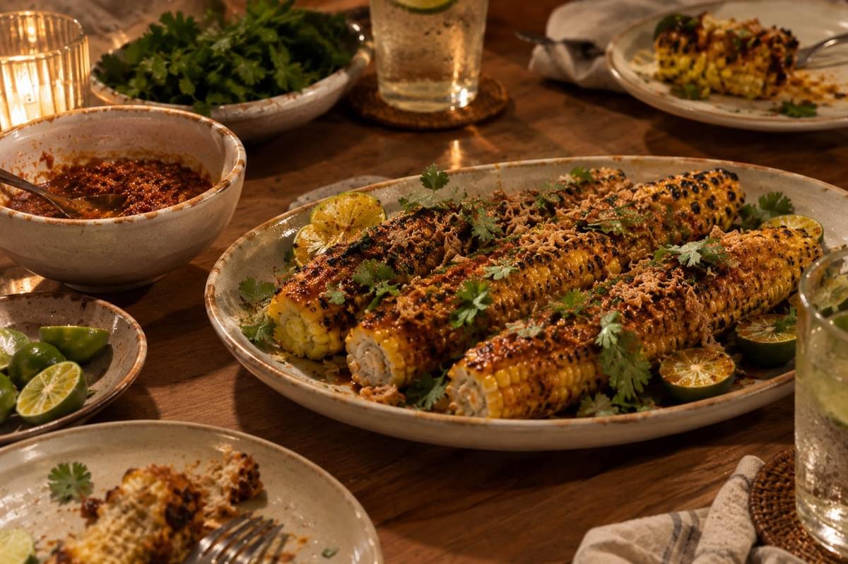 A warm, ambient dining scene features the main platter of charred, sambal-glazed corn central to a wooden table set for a meal. Surrounding the platter are individual plates with partially eaten corn cobs, small bowls of extra calamansi limes and sambal sauce, and cold iced drinks. A warm, ambient dining scene features the main platter of charred, sambal-glazed corn central to a wooden table set for a meal. Surrounding the platter are individual plates with partially eaten corn cobs, small bowls of extra calamansi limes and sambal sauce, and cold iced drinks.