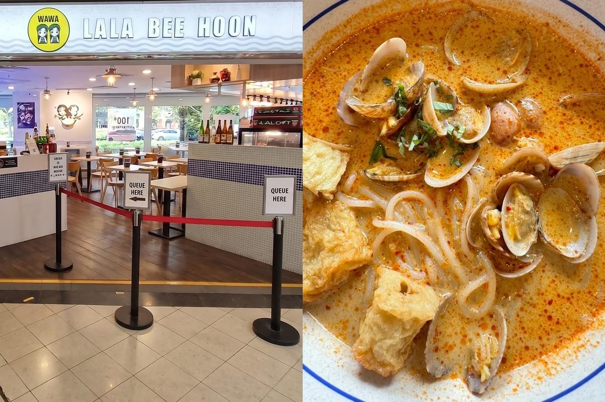 Storefront of Wawa Lala Bee Hoon restaurant with queue signage, paired with a top-down view of a flavorful bowl of spicy clam bee hoon soup. Storefront of Wawa Lala Bee Hoon restaurant with queue signage, paired with a top-down view of a flavorful bowl of spicy clam bee hoon soup.