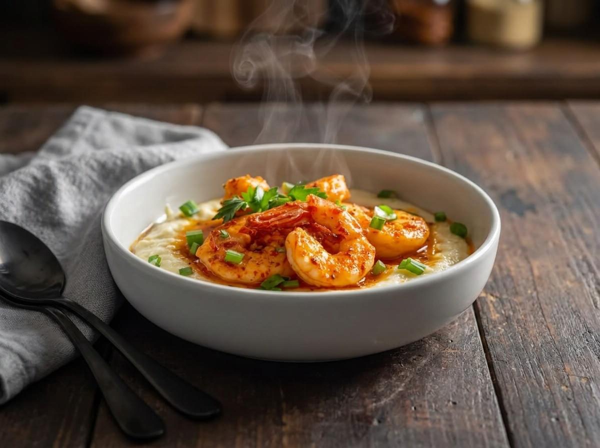 Close-up of steaming seasoned shrimp served over creamy grits garnished with green onions. Close-up of steaming seasoned shrimp served over creamy grits garnished with green onions.