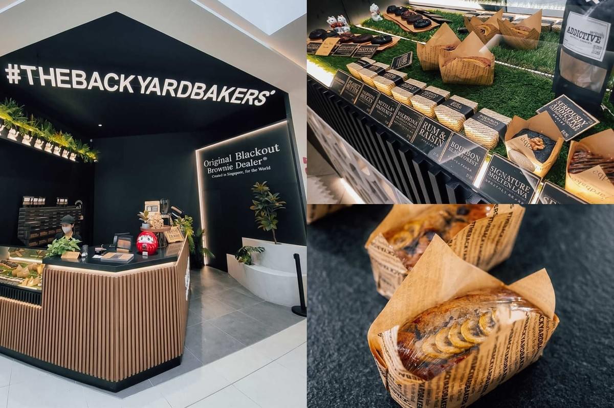 A composite image highlighting The Backyard Bakers bakery in Raffles Place. The left panel shows the modern shopfront featuring black walls, slatted wood counters, and text reading "#THEBACKYARDBAKERS" and "Original Blackout Brownie Dealer". The top-right panel shows a close-up of the display counter lined with artificial turf and labeled baked goods like "Rum & Raisin" and "Bourbon Blackforest". The bottom-right panel shows a close-up of packaged brownies topped with sliced bananas, wrapped in branded paper and plastic. A composite image highlighting The Backyard Bakers bakery in Raffles Place. The left panel shows the modern shopfront featuring black walls, slatted wood counters, and text reading "#THEBACKYARDBAKERS" and "Original Blackout Brownie Dealer". The top-right panel shows a close-up of the display counter lined with artificial turf and labeled baked goods like "Rum & Raisin" and "Bourbon Blackforest". The bottom-right panel shows a close-up of packaged brownies topped with sliced bananas, wrapped in branded paper and plastic.