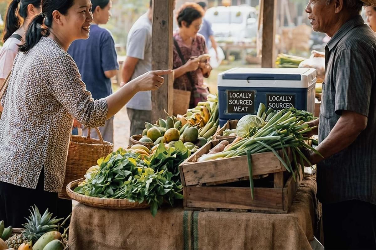 At an outdoor market stall, a smiling woman in a patterned top points toward fresh produce arranged in woven baskets and wooden crates, including leafy greens, green onions, and tropical fruits. On the table behind the produce sits a blue cooler bearing white text that reads "LOCALLY SOURCED MEAT," while a male vendor stands across from her ready to assist. At an outdoor market stall, a smiling woman in a patterned top points toward fresh produce arranged in woven baskets and wooden crates, including leafy greens, green onions, and tropical fruits. On the table behind the produce sits a blue cooler bearing white text that reads "LOCALLY SOURCED MEAT," while a male vendor stands across from her ready to assist.