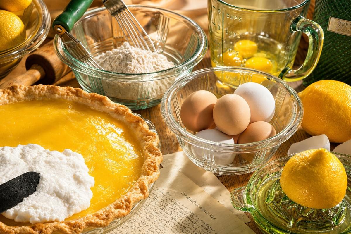 Vintage baking setup showing a lemon pie being topped with meringue next to fresh lemons and eggs. Vintage baking setup showing a lemon pie being topped with meringue next to fresh lemons and eggs.
