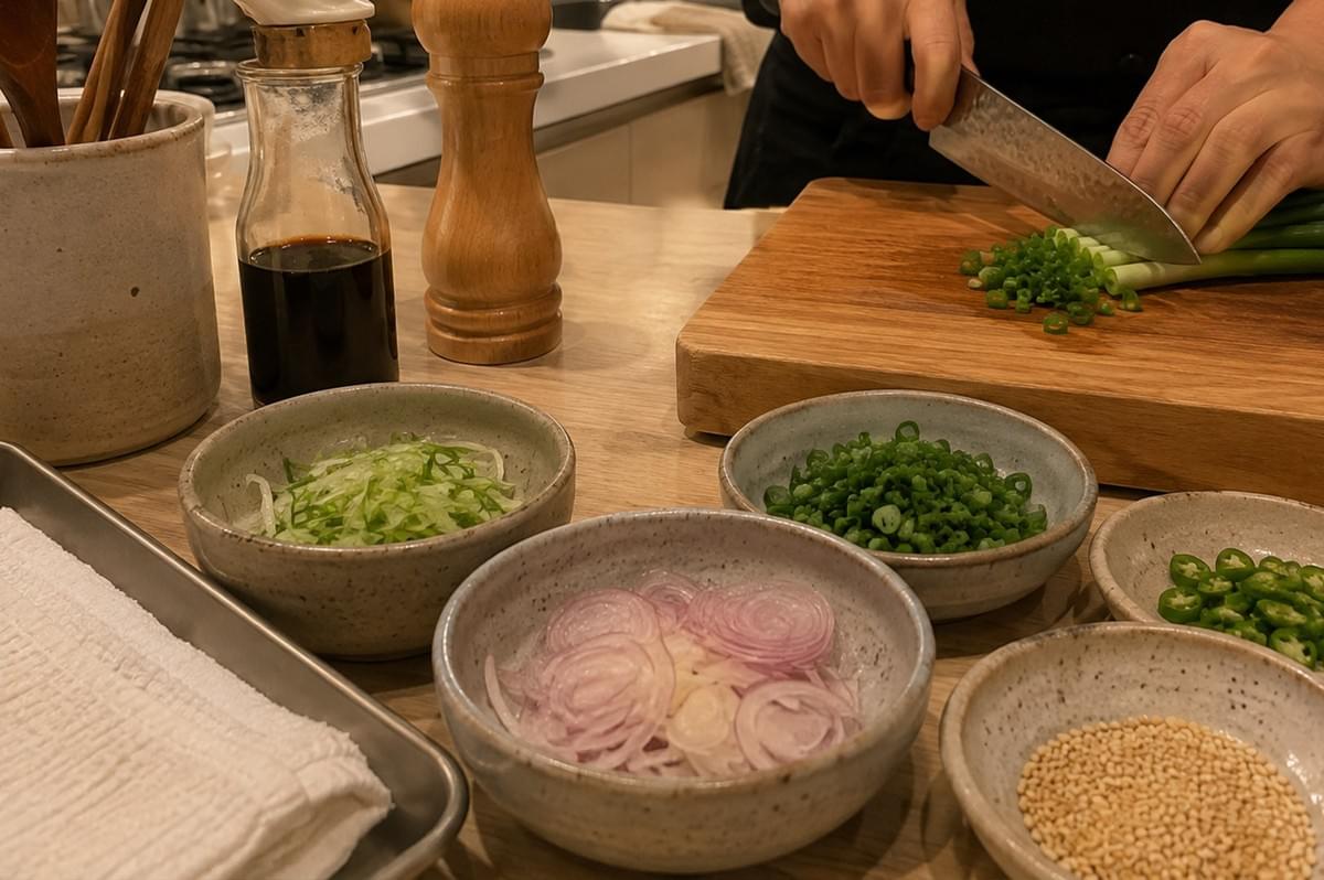 A close-up view of a chef dressed in black slicing fresh scallions on a thick wooden cutting board with a chef's knife. Arranged across the warm wooden kitchen counter in front are several rustic ceramic bowls containing prepped ingredients: thinly sliced shallots, chopped scallions, shredded green cabbage, sliced green chilies, and sesame seeds. Additional kitchen items including a soy sauce bottle, a wooden pepper grinder, wooden utensils in a holder, and a metal tray with a folded cloth complete the culinary prep station scene. A close-up view of a chef dressed in black slicing fresh scallions on a thick wooden cutting board with a chef's knife. Arranged across the warm wooden kitchen counter in front are several rustic ceramic bowls containing prepped ingredients: thinly sliced shallots, chopped scallions, shredded green cabbage, sliced green chilies, and sesame seeds. Additional kitchen items including a soy sauce bottle, a wooden pepper grinder, wooden utensils in a holder, and a metal tray with a folded cloth complete the culinary prep station scene.
