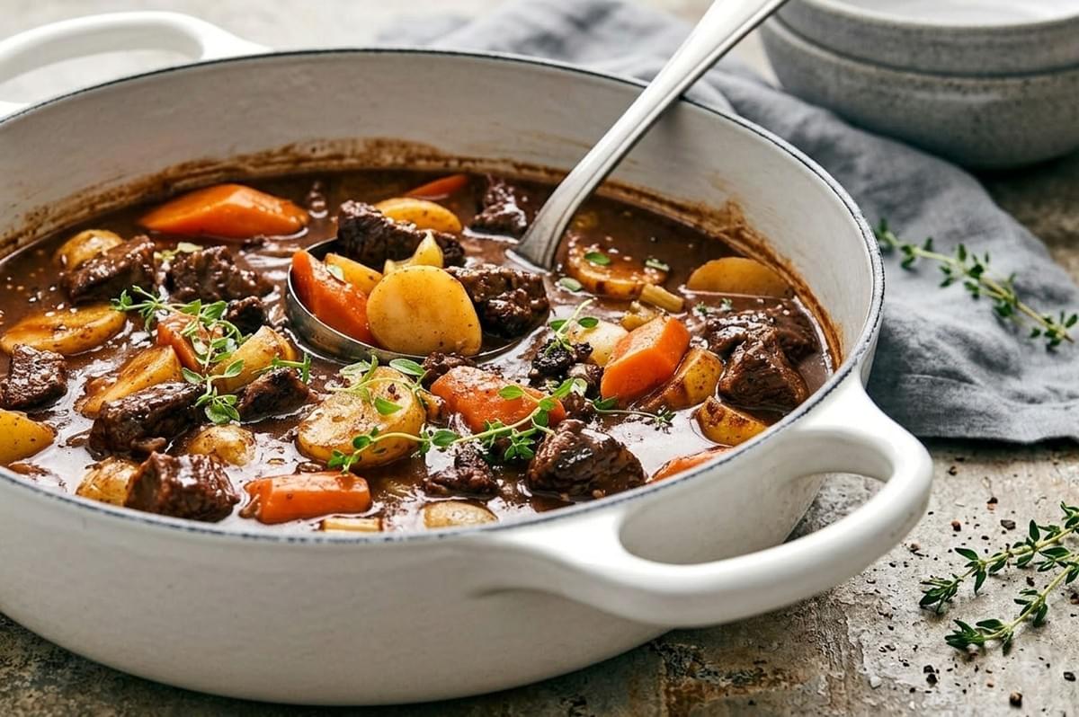 White Dutch oven filled with hearty beef stew featuring chunks of meat, carrots, potatoes, and fresh thyme, with a ladle scooping a serving White Dutch oven filled with hearty beef stew featuring chunks of meat, carrots, potatoes, and fresh thyme, with a ladle scooping a serving