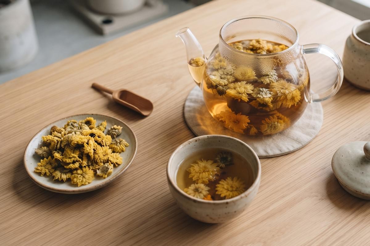 Clear glass teapot and cup filled with golden dried chrysanthemum flower tea on a wooden table. Clear glass teapot and cup filled with golden dried chrysanthemum flower tea on a wooden table.