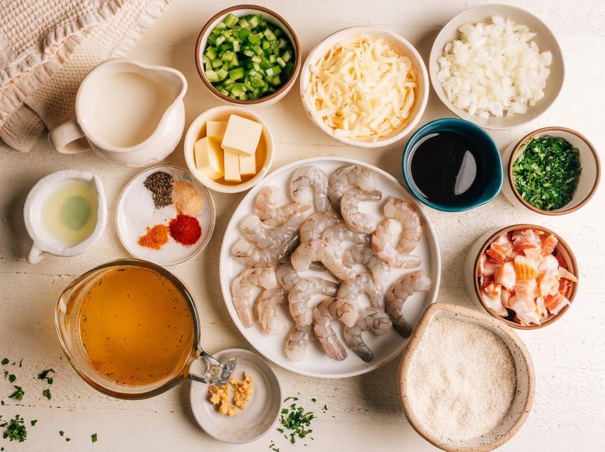 Overhead flat lay of raw shrimp, cheese, butter, broth, and ingredients for shrimp and grits. Overhead flat lay of raw shrimp, cheese, butter, broth, and ingredients for shrimp and grits.