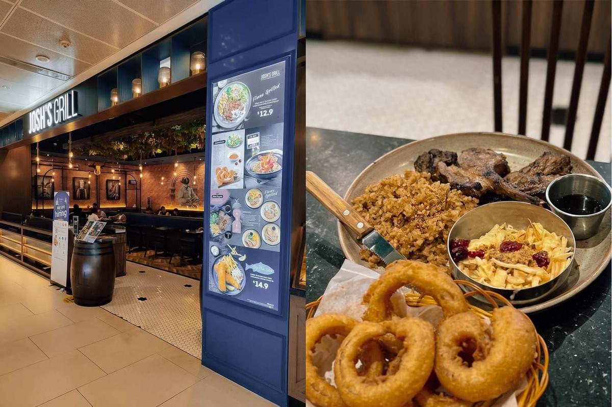 This split-screen image highlights Josh's Grill, featuring its modern restaurant entrance on the left with glowing header signage, dark wooden paneling, warm overhead ambient lighting, and a tall blue illuminated menu board, while the right side displays a close-up of a main meal plated on a round ceramic dish with grilled meat chops, seasoned rice, a side salad bowl, and a small metal cup of dipping sauce, set alongside a small basket of golden fried onion rings. This split-screen image highlights Josh's Grill, featuring its modern restaurant entrance on the left with glowing header signage, dark wooden paneling, warm overhead ambient lighting, and a tall blue illuminated menu board, while the right side displays a close-up of a main meal plated on a round ceramic dish with grilled meat chops, seasoned rice, a side salad bowl, and a small metal cup of dipping sauce, set alongside a small basket of golden fried onion rings.