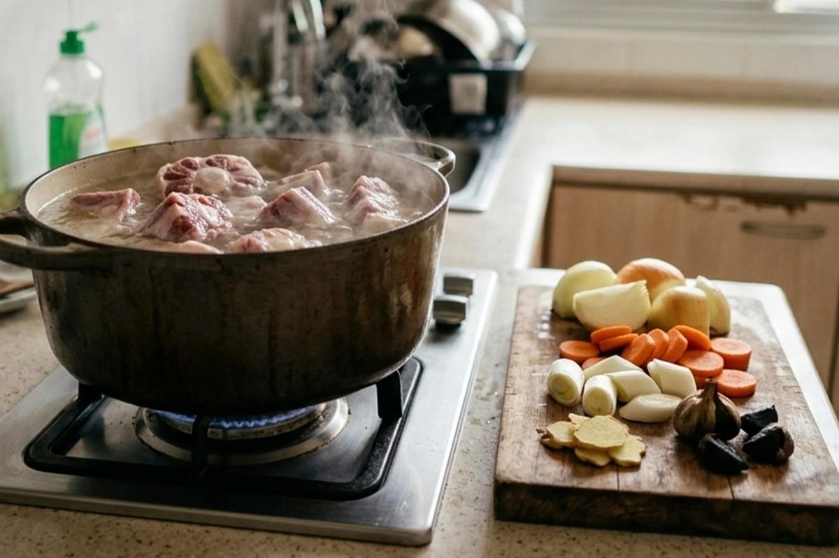 A candid, lifestyle shot of a large, seasoned Dutch oven simmering on a stainless steel gas stove. Steam rises visibly from the pot, which contains pieces of oxtail in a bubbling broth. To the right, a wooden prep board holds neatly sliced aromatics: orange carrots, white leeks, ginger slices, halved onions, and several cloves of fermented black garlic. The background shows a lived-in kitchen setting with soft, natural window light. A candid, lifestyle shot of a large, seasoned Dutch oven simmering on a stainless steel gas stove. Steam rises visibly from the pot, which contains pieces of oxtail in a bubbling broth. To the right, a wooden prep board holds neatly sliced aromatics: orange carrots, white leeks, ginger slices, halved onions, and several cloves of fermented black garlic. The background shows a lived-in kitchen setting with soft, natural window light.