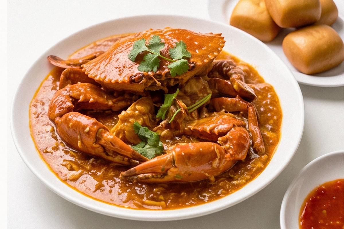 Whole crab served in a rich orange curry sauce and garnished with fresh cilantro on a white plate. Whole crab served in a rich orange curry sauce and garnished with fresh cilantro on a white plate.