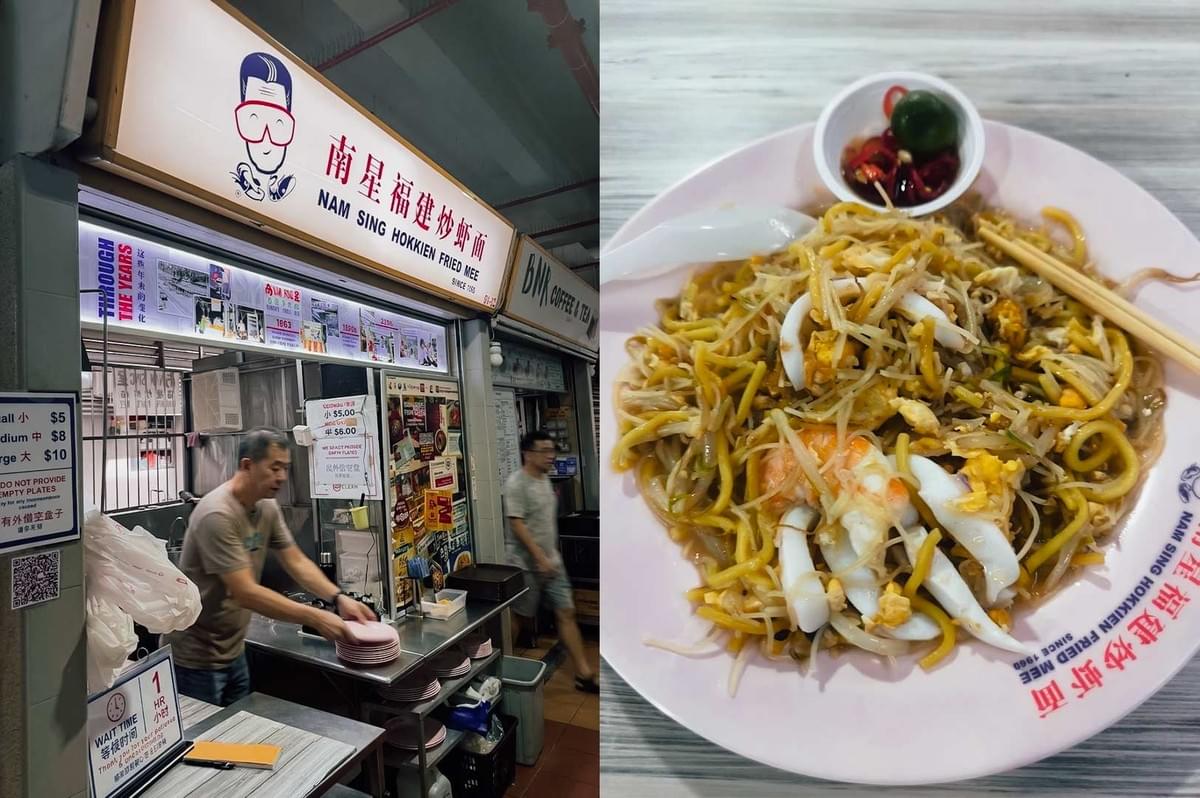 A split-screen composition featuring the Nam Sing Hokkien Fried Mee stall front on the left, complete with its illuminated sign and a hawker vendor stacking pink plates at the stainless steel counter near a 1-hour wait time sign, alongside a close-up right view of a serving of Hokkien mee on a branded pink plate, brimming with yellow noodles, thin rice vermicelli, tender squid strips, prawns, scrambled egg, and a small side dish of cut red chilies with lime. A split-screen composition featuring the Nam Sing Hokkien Fried Mee stall front on the left, complete with its illuminated sign and a hawker vendor stacking pink plates at the stainless steel counter near a 1-hour wait time sign, alongside a close-up right view of a serving of Hokkien mee on a branded pink plate, brimming with yellow noodles, thin rice vermicelli, tender squid strips, prawns, scrambled egg, and a small side dish of cut red chilies with lime.