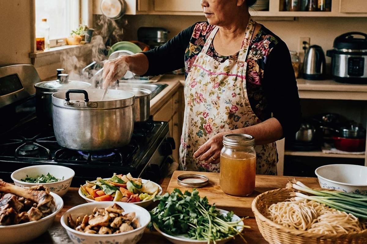A woman wearing a floral apron stands in a warm kitchen, stirring a steaming pot of soup on a gas stove. Arranged across the wooden countertop in front of her are various prepared ingredients, including bowls of chopped vegetables, sliced mushrooms, cooked meat bones, fresh cilantro, a glass jar filled with golden broth, and a woven basket filled with fresh noodles and green onions. A woman wearing a floral apron stands in a warm kitchen, stirring a steaming pot of soup on a gas stove. Arranged across the wooden countertop in front of her are various prepared ingredients, including bowls of chopped vegetables, sliced mushrooms, cooked meat bones, fresh cilantro, a glass jar filled with golden broth, and a woven basket filled with fresh noodles and green onions.
