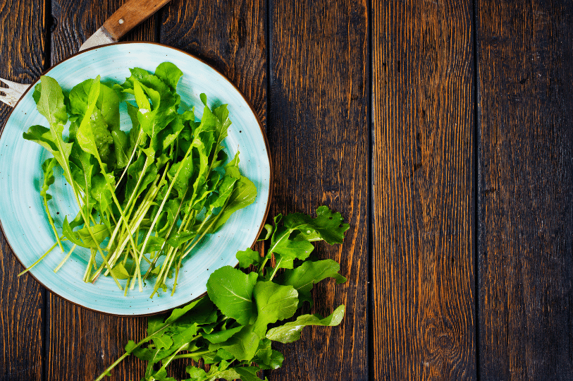 Top-down view of fresh spring arugula neatly arranged on a light blue ceramic plate against a dark, rustic wooden background. Top-down view of fresh spring arugula neatly arranged on a light blue ceramic plate against a dark, rustic wooden background.