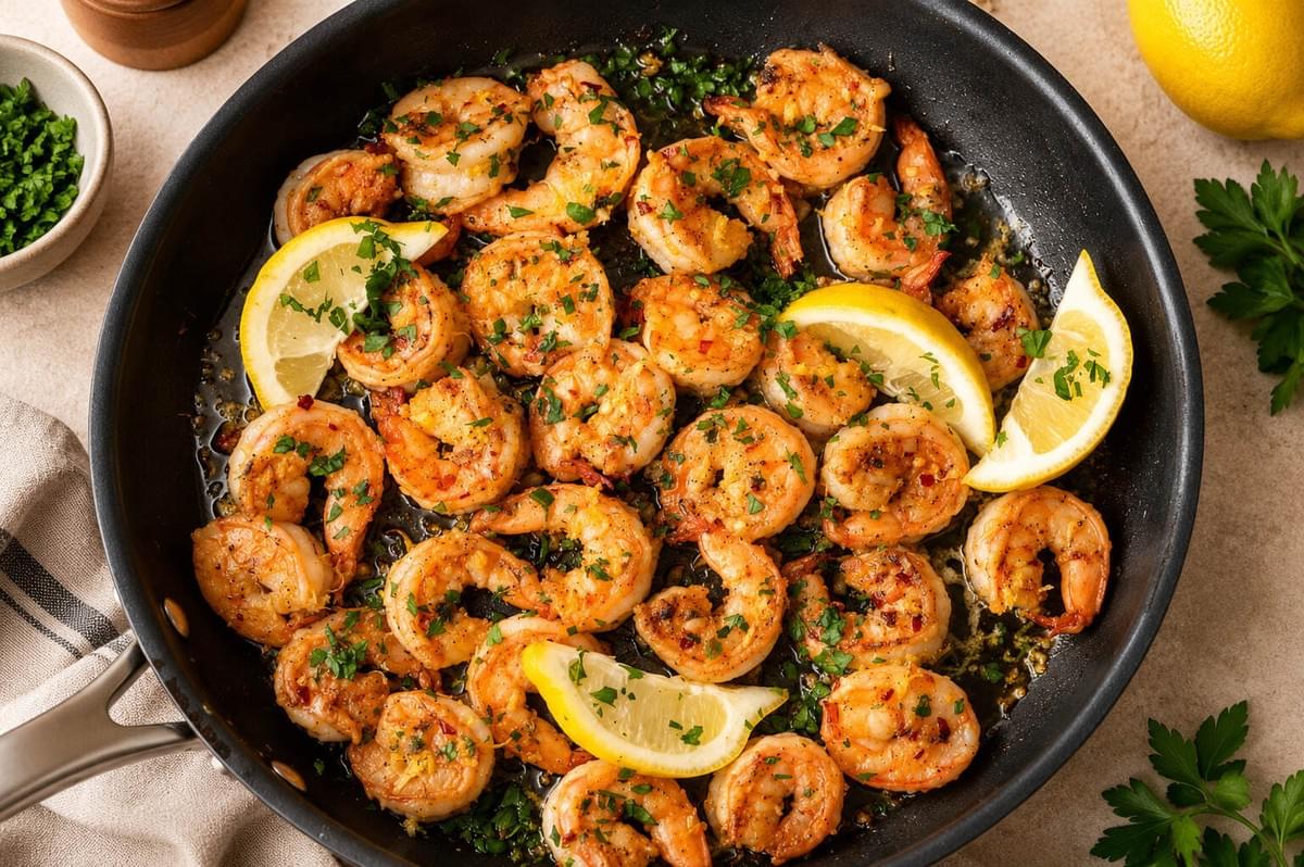 Top-down view of cooked garlic butter shrimp garnished with parsley and lemon wedges in a black pan. Top-down view of cooked garlic butter shrimp garnished with parsley and lemon wedges in a black pan.