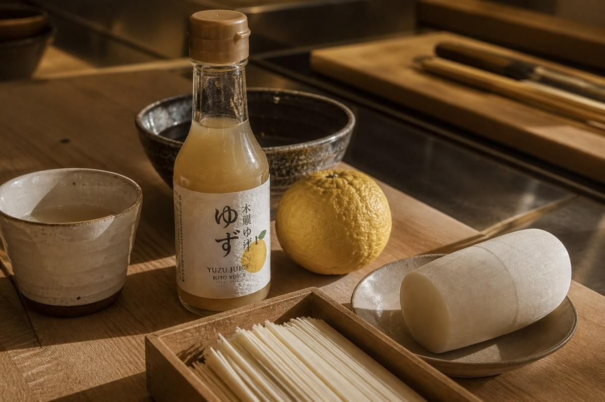 A wooden countertop setup features key preparation ingredients, including a clear bottle of yuzu juice with Japanese text, a whole yellow yuzu fruit, a thick piece of peeled daikon radish on a small ceramic saucer, a ceramic cup, and a wooden box holding thin white noodles. A wooden countertop setup features key preparation ingredients, including a clear bottle of yuzu juice with Japanese text, a whole yellow yuzu fruit, a thick piece of peeled daikon radish on a small ceramic saucer, a ceramic cup, and a wooden box holding thin white noodles.