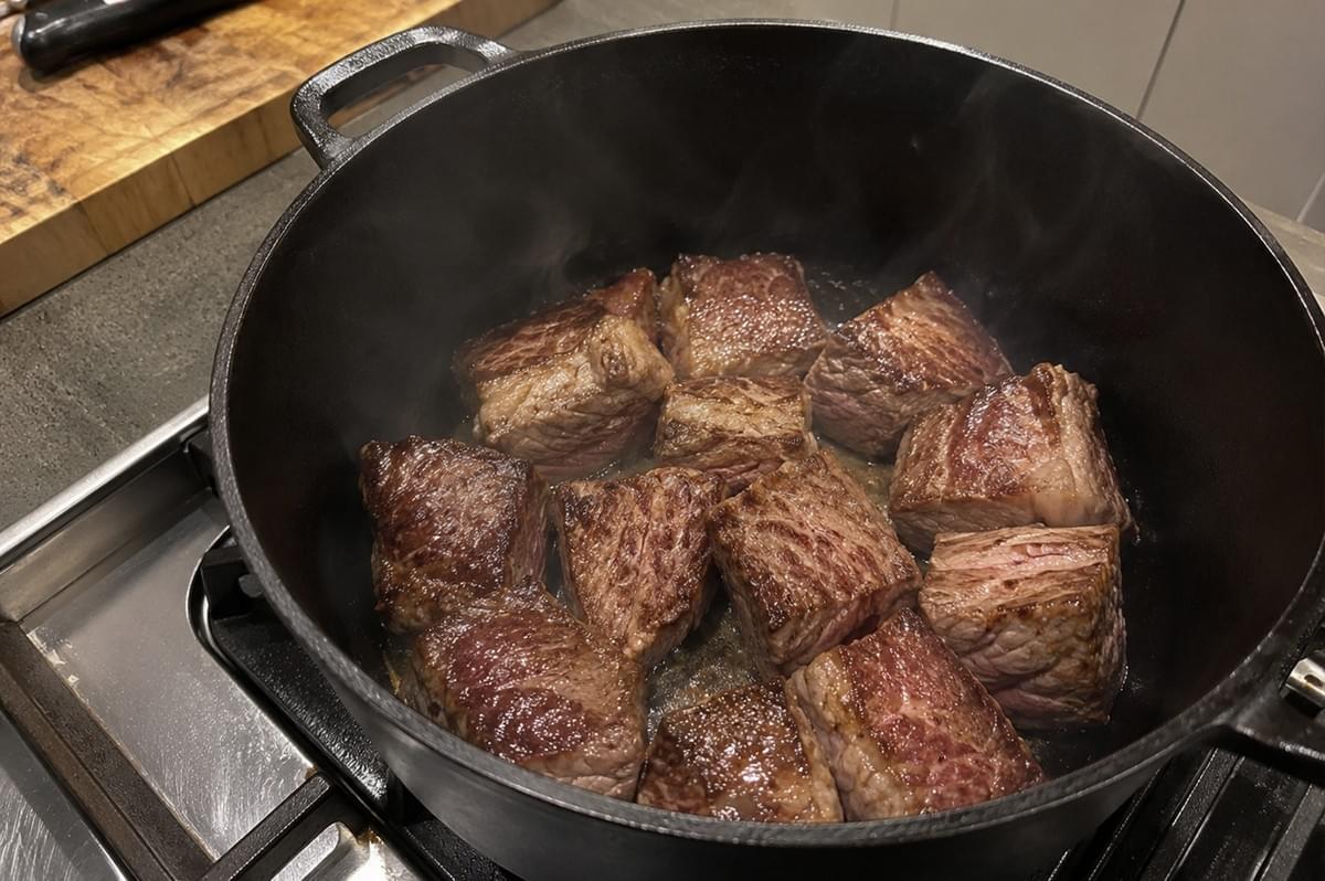 A close-up shot looking inside a heavy black cast-iron Dutch oven on a stainless steel stovetop, where large, thick-cut cubes of beef are being seared. The meat cubes are spaced apart, showing a deeply caramelized, golden-brown crust on their cooked sides, with hints of juicy pink still visible on the unseared edges. Wisps of steam rise from the hot pan, and a wooden cutting board with a knife rests in the blurred background. A close-up shot looking inside a heavy black cast-iron Dutch oven on a stainless steel stovetop, where large, thick-cut cubes of beef are being seared. The meat cubes are spaced apart, showing a deeply caramelized, golden-brown crust on their cooked sides, with hints of juicy pink still visible on the unseared edges. Wisps of steam rise from the hot pan, and a wooden cutting board with a knife rests in the blurred background.