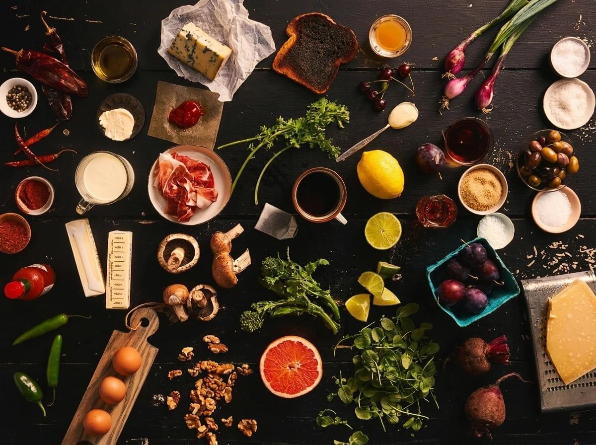 An overhead flat lay of various raw ingredients scattered across a black wooden surface, including eggs, mushrooms, citrus fruits, greens, cheese, prosciutto, and spices. An overhead flat lay of various raw ingredients scattered across a black wooden surface, including eggs, mushrooms, citrus fruits, greens, cheese, prosciutto, and spices.
