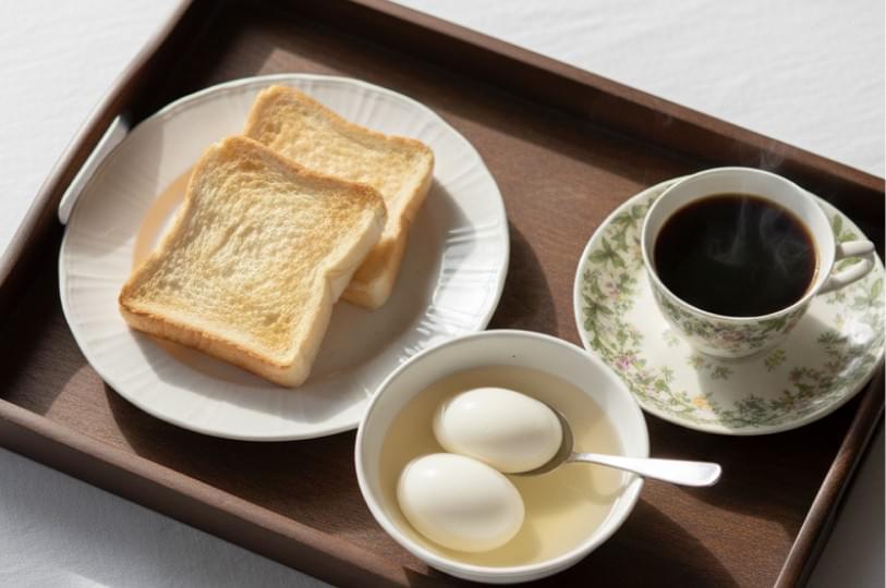 A high-angle shot of a traditional Singaporean breakfast set on a wooden tray, featuring two slices of golden-brown toasted bread on a white plate, two soft-boiled eggs in a small bowl with a spoon, and a steaming cup of black coffee in a floral-patterned teacup and saucer. A high-angle shot of a traditional Singaporean breakfast set on a wooden tray, featuring two slices of golden-brown toasted bread on a white plate, two soft-boiled eggs in a small bowl with a spoon, and a steaming cup of black coffee in a floral-patterned teacup and saucer.