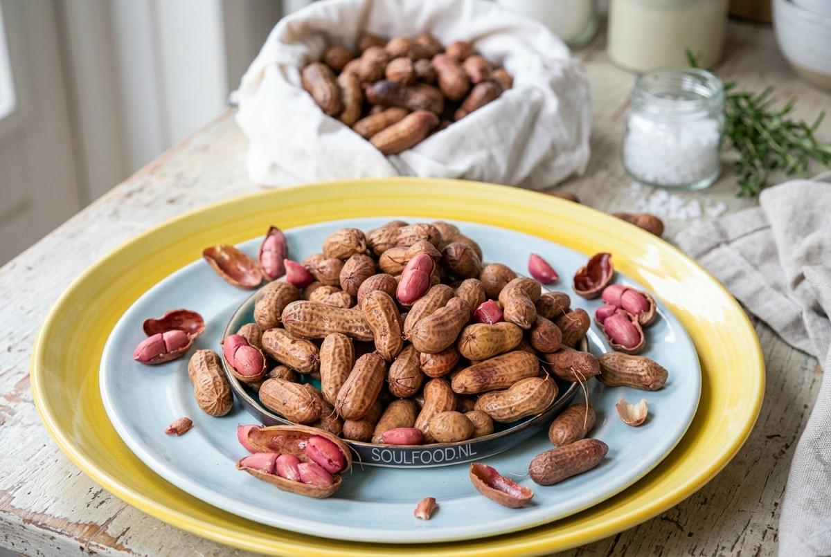 Boiled peanuts in and out of shells stacked on a yellow and blue plate. Boiled peanuts in and out of shells stacked on a yellow and blue plate.