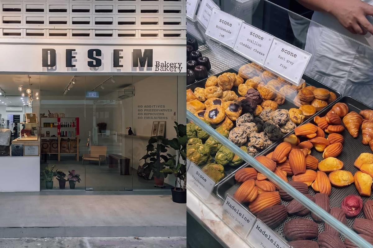 Left: Exterior storefront of "DESEM Bakery" featuring glass doors and windows, a white facade with dark bold lettering, and a view of the minimalist interior with potted plants and wooden shelving. Right: A bakery display case filled with trays of various baked goods, including rows of madeleines and different types of scones labeled with small signs such as "Scone Housemade jam," "Scone scallion cheddar cheese," and "Scone Earl grey Figs." Left: Exterior storefront of "DESEM Bakery" featuring glass doors and windows, a white facade with dark bold lettering, and a view of the minimalist interior with potted plants and wooden shelving. Right: A bakery display case filled with trays of various baked goods, including rows of madeleines and different types of scones labeled with small signs such as "Scone Housemade jam," "Scone scallion cheddar cheese," and "Scone Earl grey Figs."