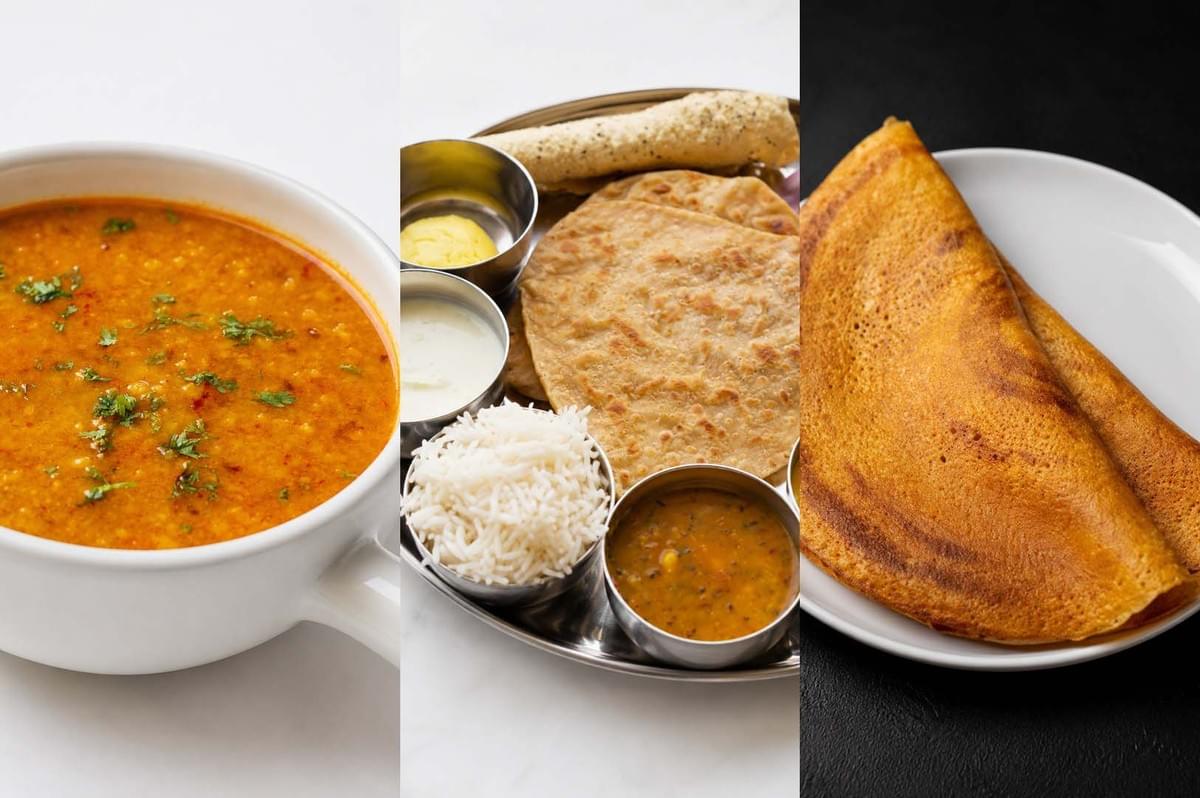 Triptych of South Indian vegetarian dishes featuring a bowl of dal, a thali with rice and flatbreads, and a crispy folded dosa Triptych of South Indian vegetarian dishes featuring a bowl of dal, a thali with rice and flatbreads, and a crispy folded dosa