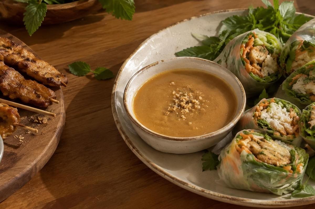A warm-toned close-up shot focuses on a small bowl of creamy peanut-free satay dip sprinkled with chopped seeds, nestled next to a arrangement of fresh rice paper rolls on a rustic platter. On a wooden board to the left, grilled chicken satay skewers with charred edges rest in soft ambient lighting. A warm-toned close-up shot focuses on a small bowl of creamy peanut-free satay dip sprinkled with chopped seeds, nestled next to a arrangement of fresh rice paper rolls on a rustic platter. On a wooden board to the left, grilled chicken satay skewers with charred edges rest in soft ambient lighting.