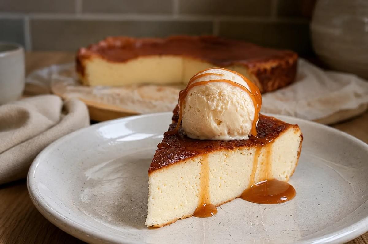Slice of burnt Basque cheesecake topped with a scoop of vanilla ice cream and caramel drizzle. Slice of burnt Basque cheesecake topped with a scoop of vanilla ice cream and caramel drizzle.