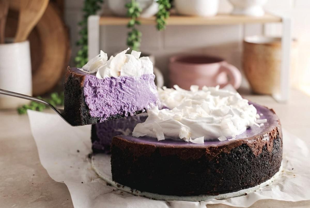 Server lifting a slice of purple ube cheesecake with dark crust from a whole cake topped with whipped cream and coconut flakes. Server lifting a slice of purple ube cheesecake with dark crust from a whole cake topped with whipped cream and coconut flakes.