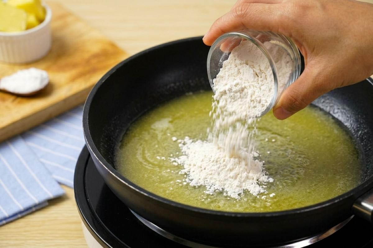 Hand pouring flour into melted butter in a black skillet to make roux Hand pouring flour into melted butter in a black skillet to make roux