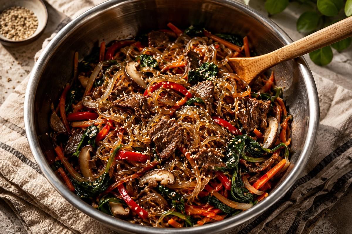 A metal bowl filled with freshly made Japchae mixed with beef, mushrooms, and vegetables. A metal bowl filled with freshly made Japchae mixed with beef, mushrooms, and vegetables.