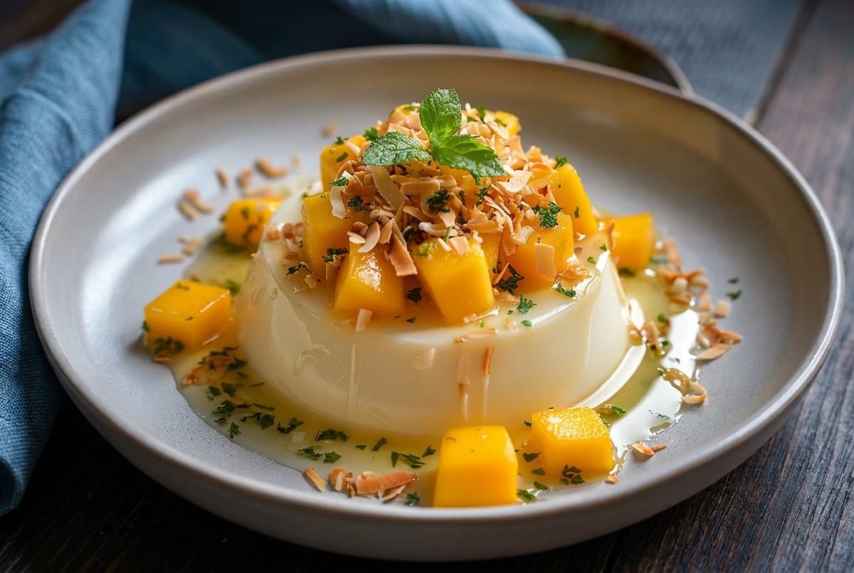 Creamy panna cotta topped with diced mango, toasted coconut flakes, and a sprig of fresh mint. Creamy panna cotta topped with diced mango, toasted coconut flakes, and a sprig of fresh mint.