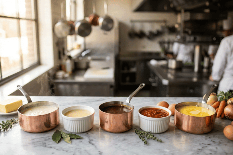 A professional kitchen setting showing a line of copper pots and white ramekins on a marble counter, each holding a different mother sauce, with a chef working in the blurred background. A professional kitchen setting showing a line of copper pots and white ramekins on a marble counter, each holding a different mother sauce, with a chef working in the blurred background.