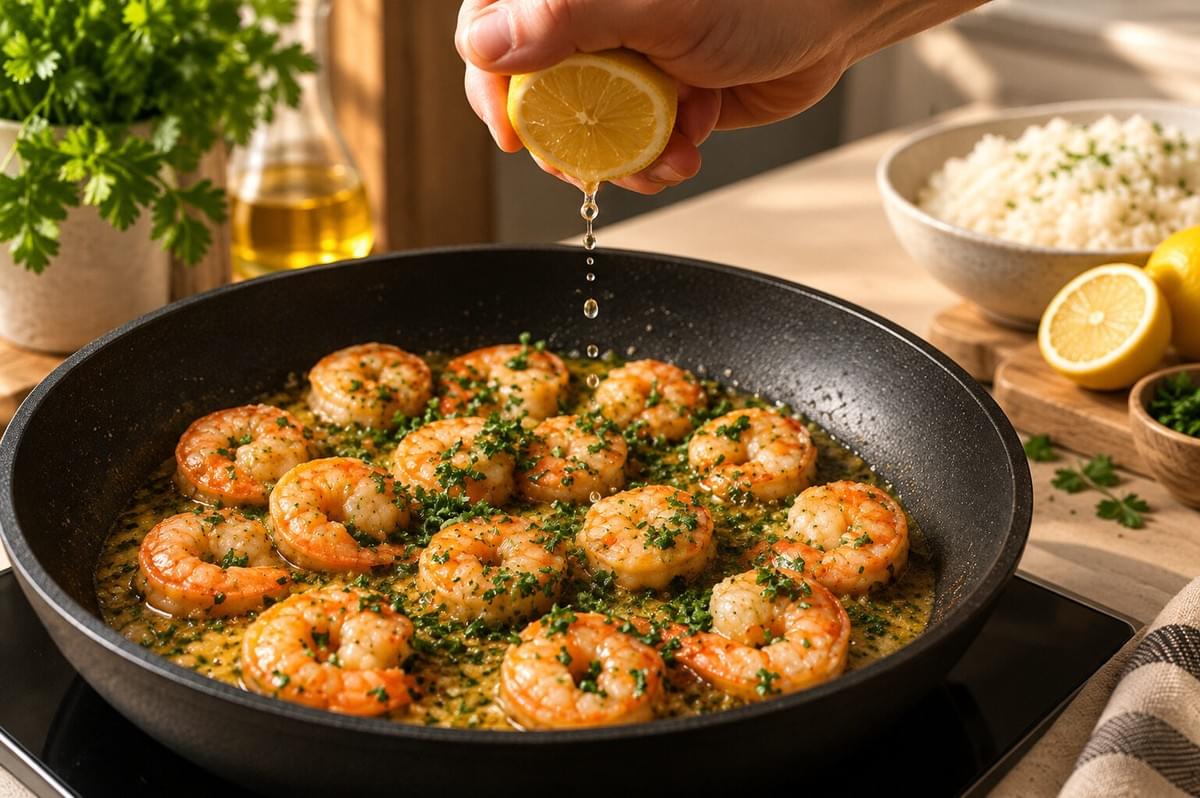 Squeezing fresh lemon juice over garlic butter shrimp cooking in a skillet with rice in the background. Squeezing fresh lemon juice over garlic butter shrimp cooking in a skillet with rice in the background.