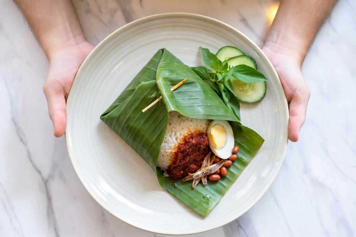 Person holding a plate of Nasi Lemak wrapped in a banana leaf with sambal, anchovies, peanuts, egg, and cucumber slices. Person holding a plate of Nasi Lemak wrapped in a banana leaf with sambal, anchovies, peanuts, egg, and cucumber slices.