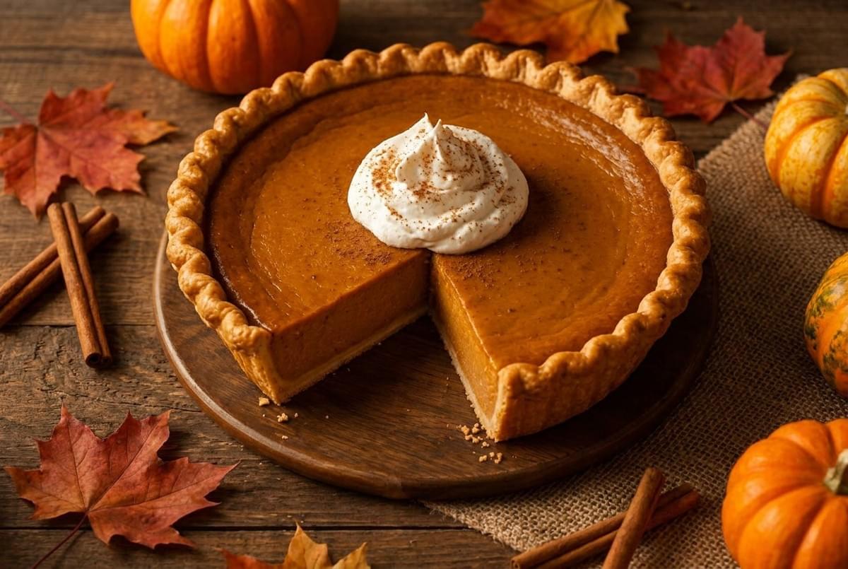 Whole pumpkin pie topped with whipped cream on a wooden board with a slice cut out. Whole pumpkin pie topped with whipped cream on a wooden board with a slice cut out.