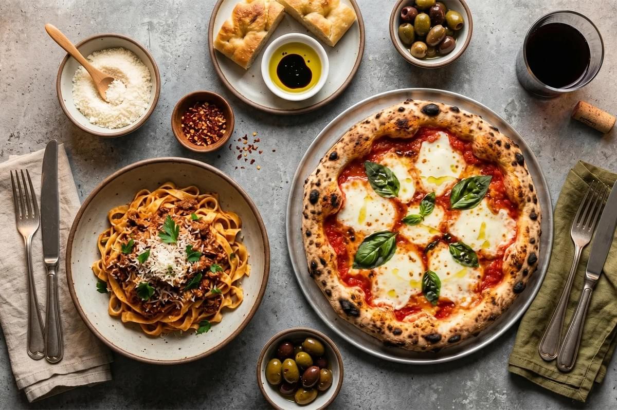 A top-down view of a delicious Italian feast featuring a wood-fired Margherita pizza, a bowl of hearty meat sauce pasta, fresh focaccia with dipping oil, and olives. A top-down view of a delicious Italian feast featuring a wood-fired Margherita pizza, a bowl of hearty meat sauce pasta, fresh focaccia with dipping oil, and olives.