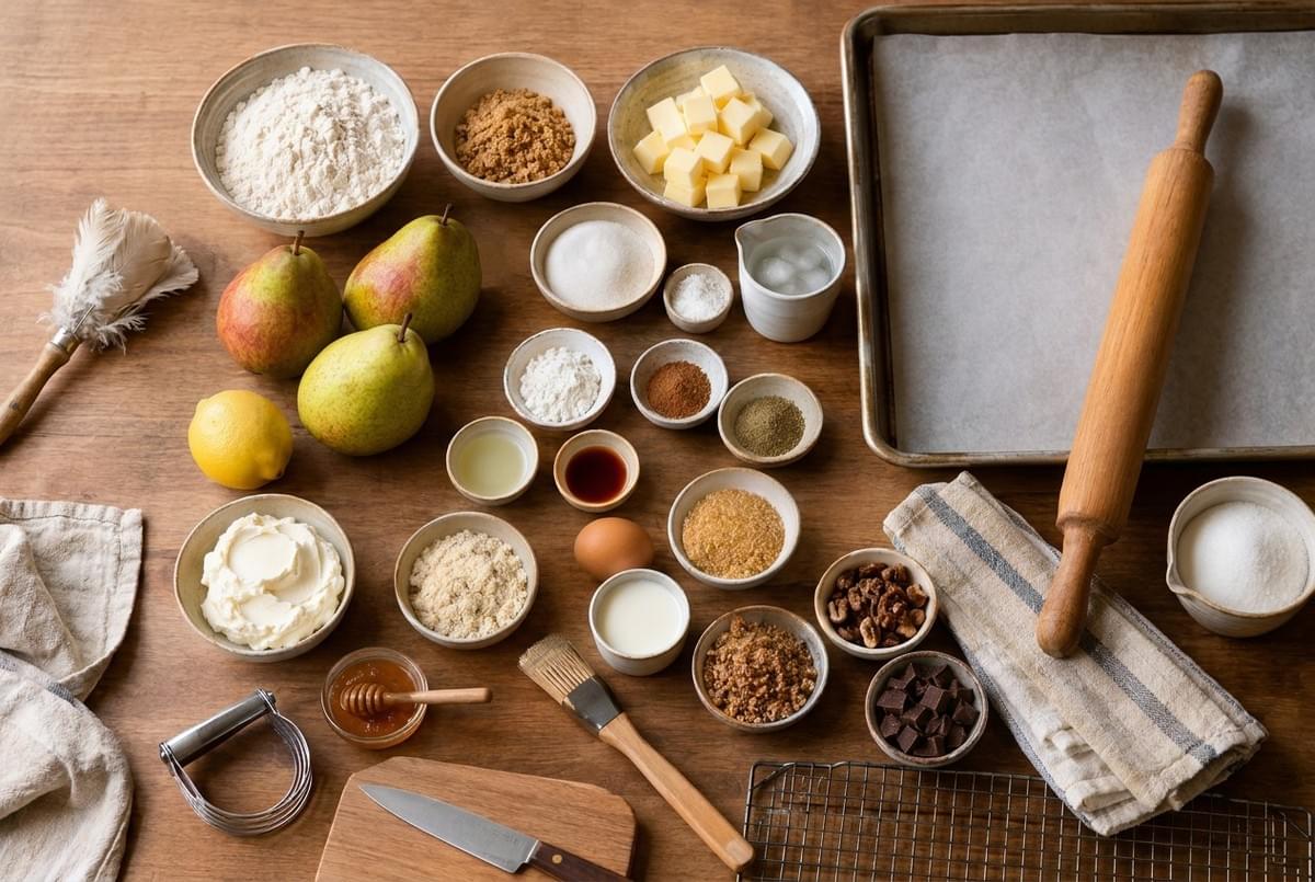 Flat-lay display of baking ingredients, including fresh pears, flour, butter, sugars, spices, and a rolling pin on a wooden table. Flat-lay display of baking ingredients, including fresh pears, flour, butter, sugars, spices, and a rolling pin on a wooden table.
