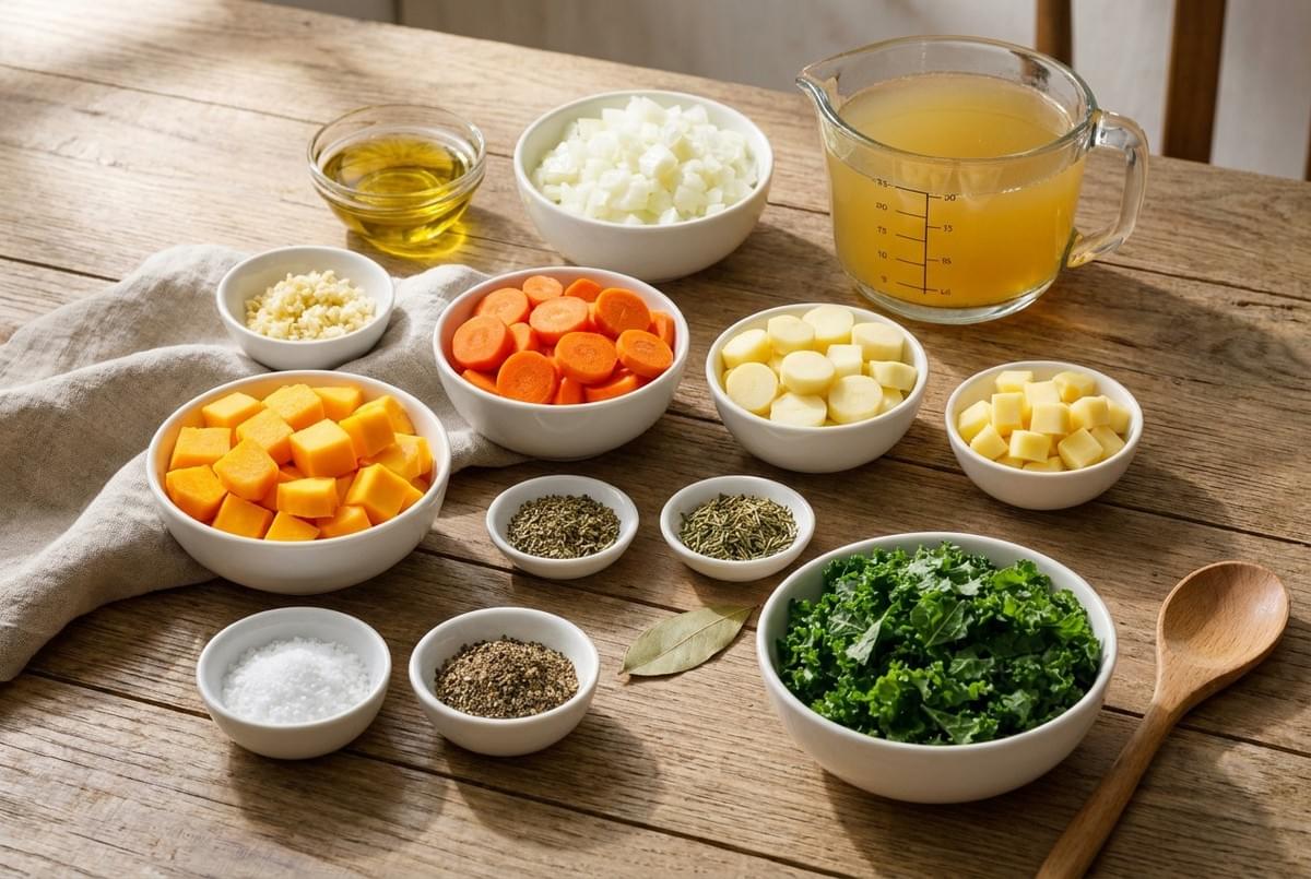 Ingredient meal prep layout with bowls of diced vegetables, herbs, broth, oil, and chopped kale. Ingredient meal prep layout with bowls of diced vegetables, herbs, broth, oil, and chopped kale.