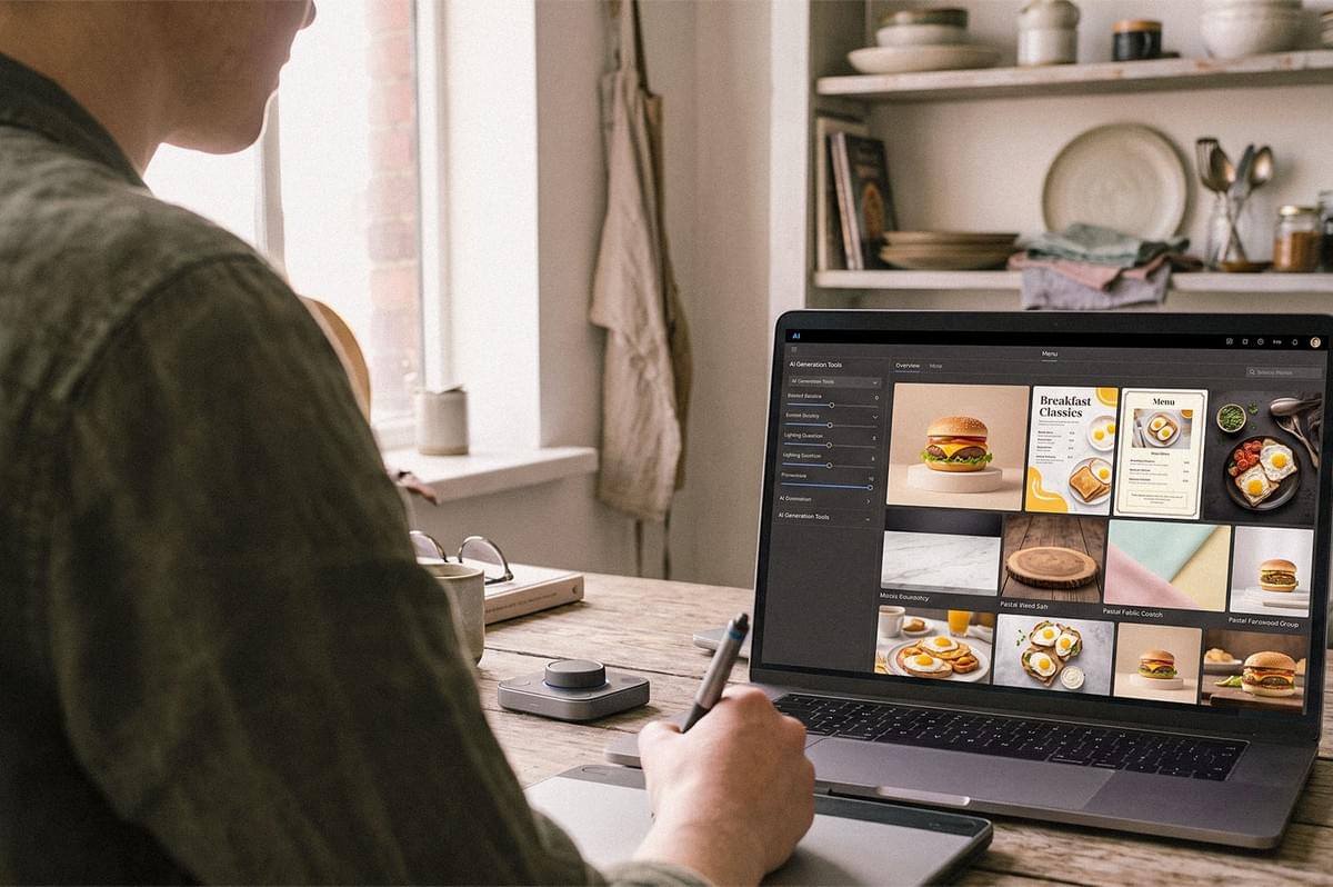 A food photographer uses a graphics tablet beside a laptop displaying AI-generated food imagery and creative design options. A food photographer uses a graphics tablet beside a laptop displaying AI-generated food imagery and creative design options.