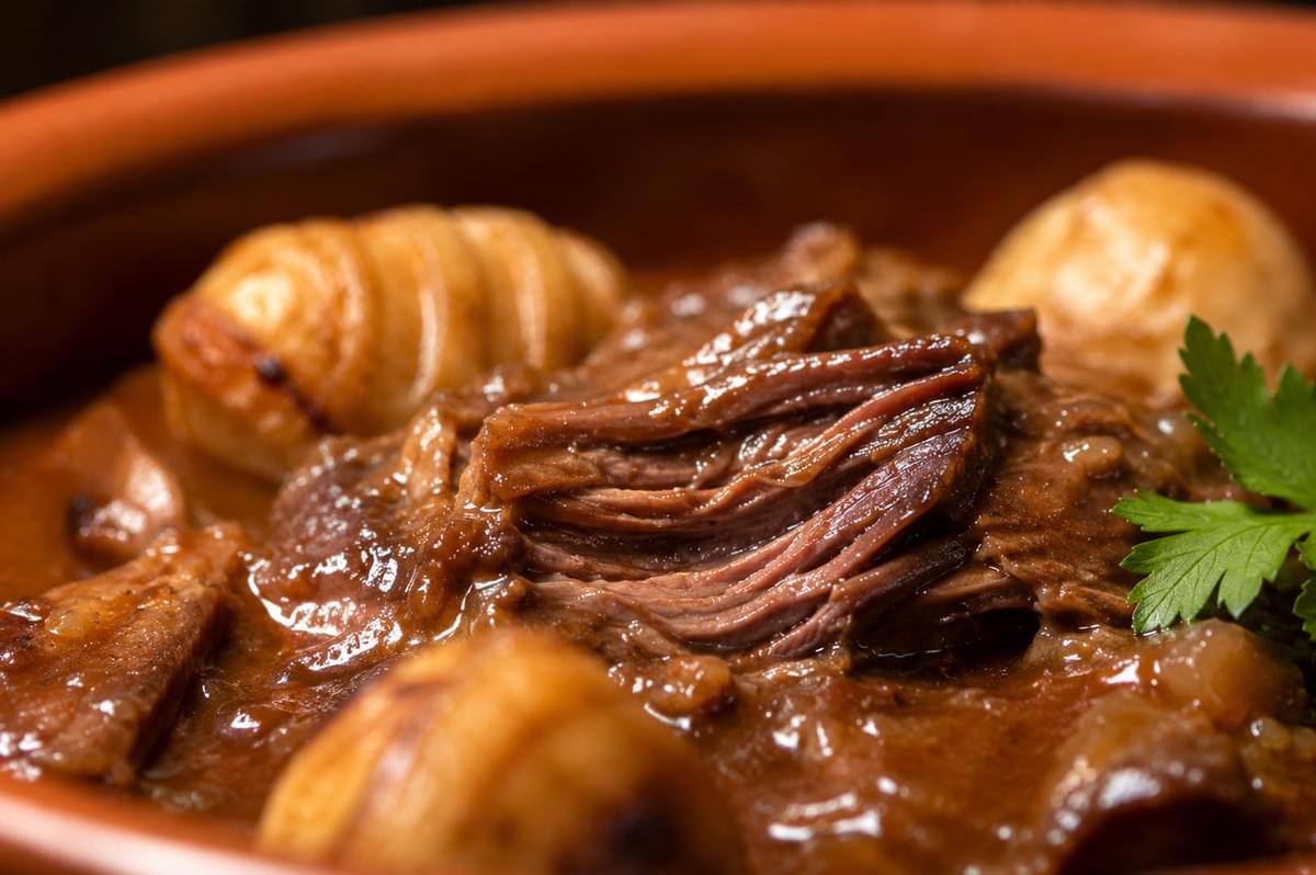 Close-up of tender shredded braised meat with whole onions in a rich gravy inside a clay pot Close-up of tender shredded braised meat with whole onions in a rich gravy inside a clay pot