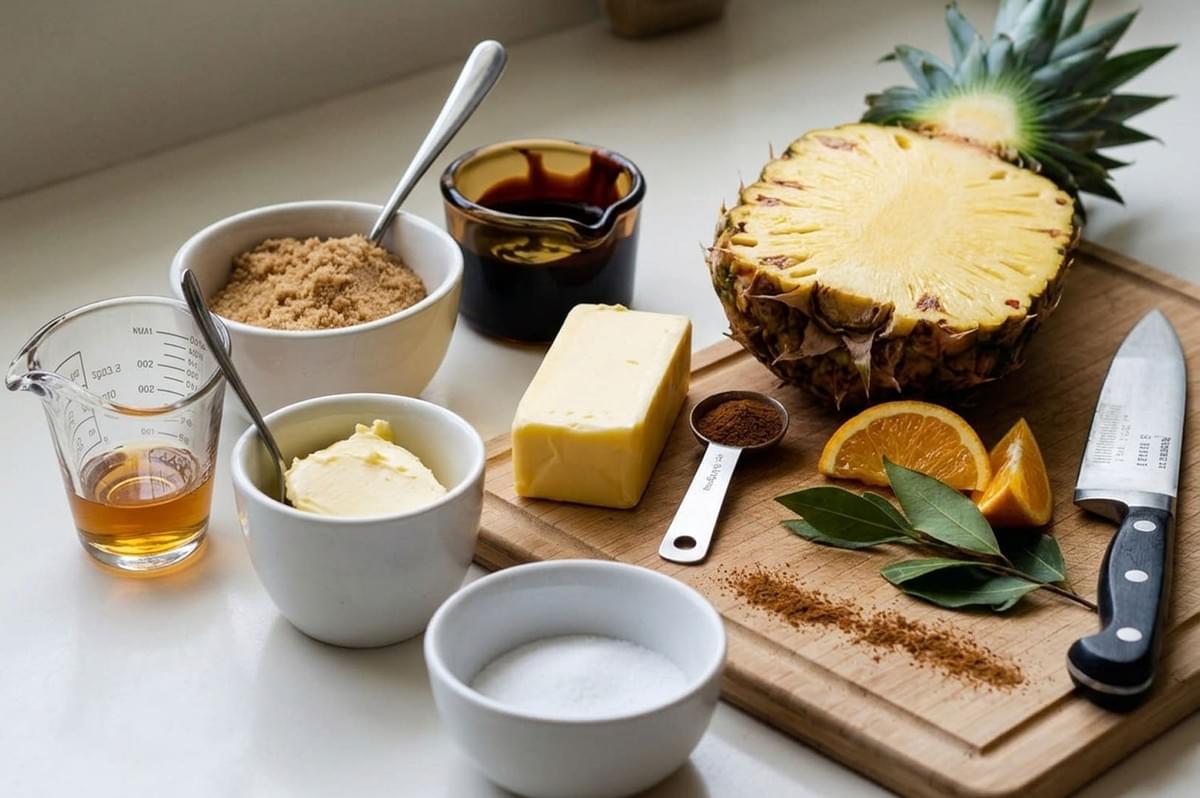 Fresh pineapple with crown, butter, brown sugar, spices, orange slices, and bay leaves arranged on cutting board with bowls of ingredients Fresh pineapple with crown, butter, brown sugar, spices, orange slices, and bay leaves arranged on cutting board with bowls of ingredients