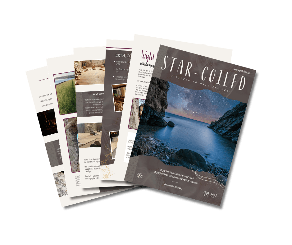 Pages of the Star-Coiled brochure fan out to promote the September 2027 workshop, Star-Coiled: A return to Wyld Hal Lore. Pages of the Star-Coiled brochure fan out to promote the September 2027 workshop, Star-Coiled: A return to Wyld Hal Lore.