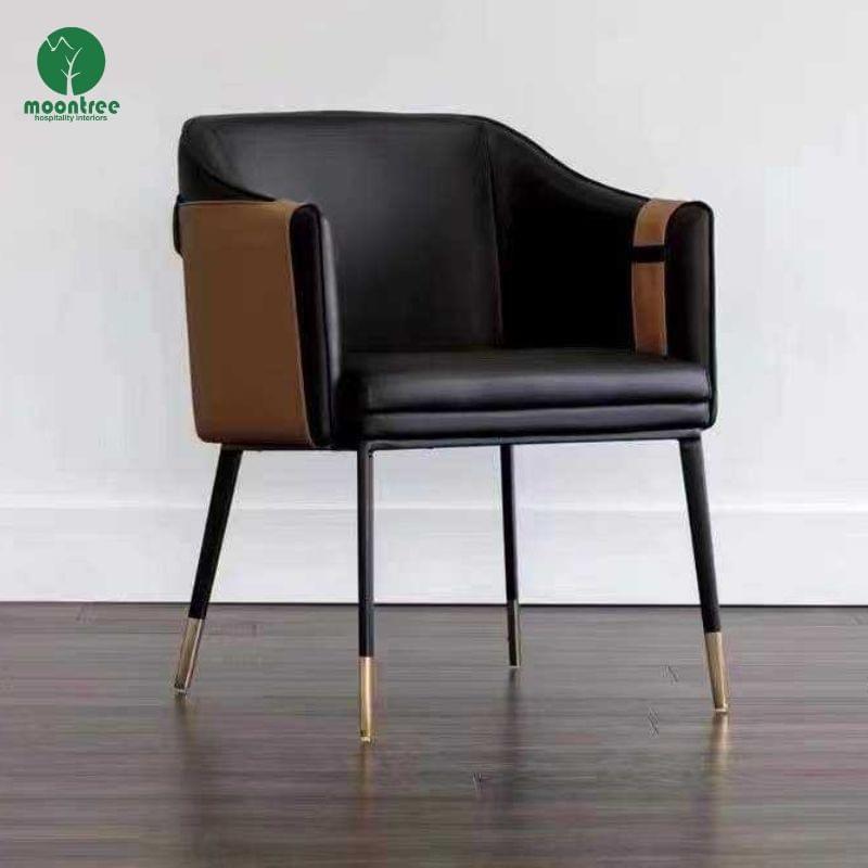 Two‑Tone Leather Upholstered Dining Armchair with Black Gold Metal Legs